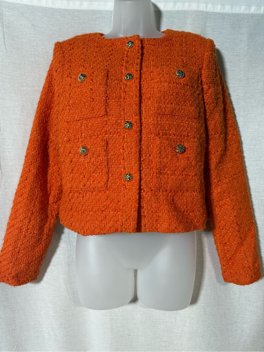 Rachel Zoe Orange Bouclé Cropped Blazer with Decorative Buttons Size Small